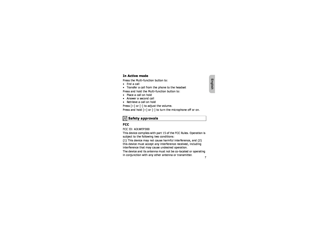 Samsung WEP 300 manual Safety approvals, In Active mode, English 