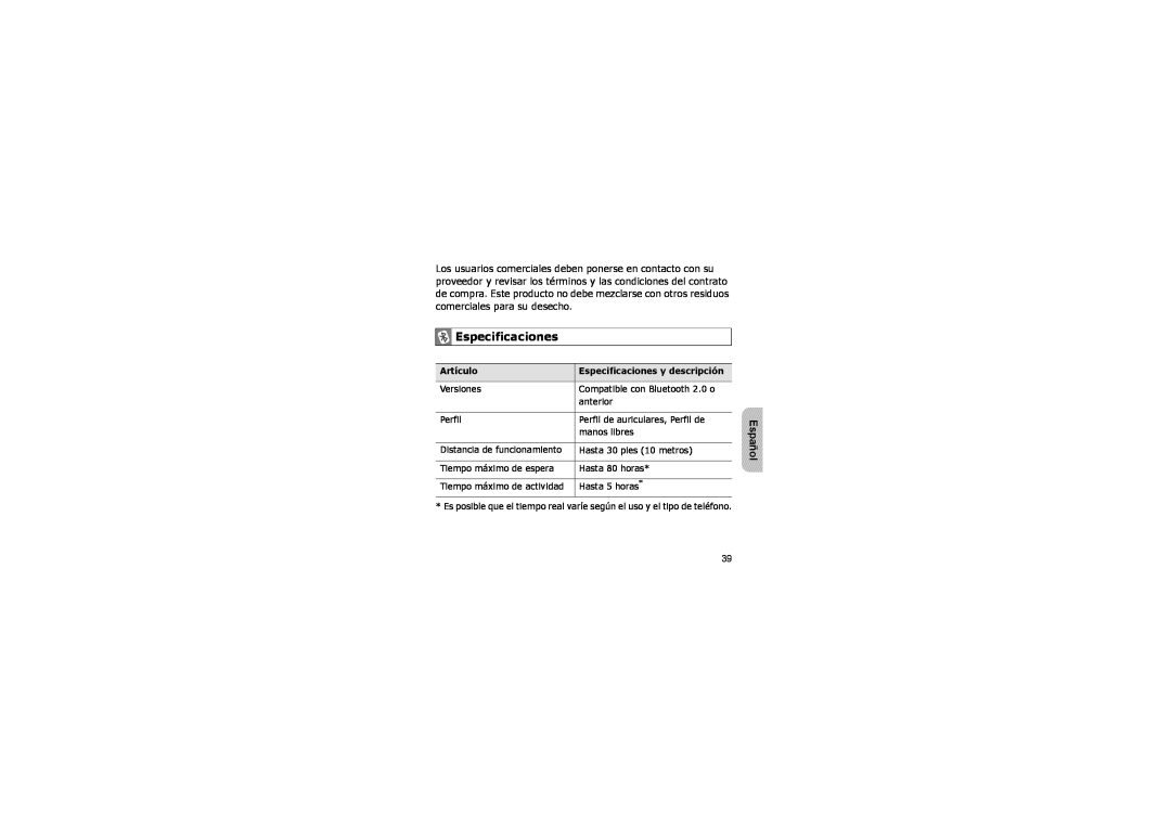 Samsung WEP 300 manual Español, Artículo, Especificaciones y descripción 
