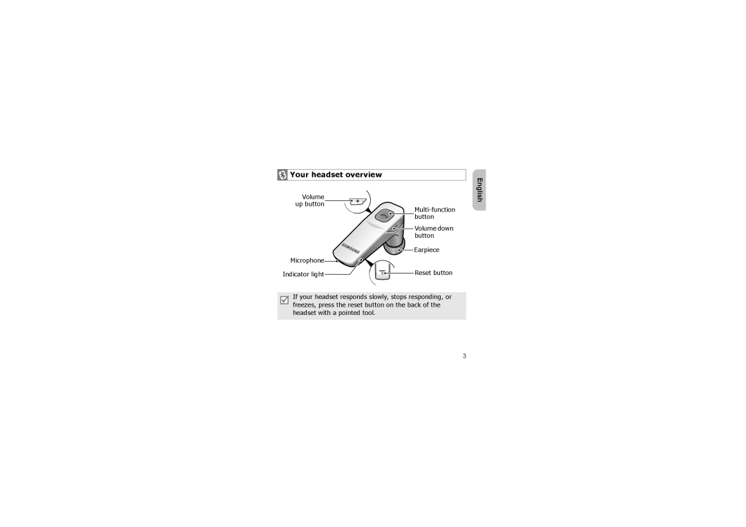 Samsung WEP 300 manual Your headset overview, English, Volume up button, Earpiece, Microphone 