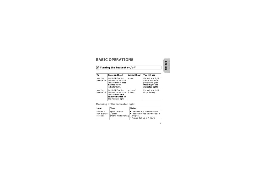 Samsung WEP 410 manual Basic Operations, Turning the headset on/off 