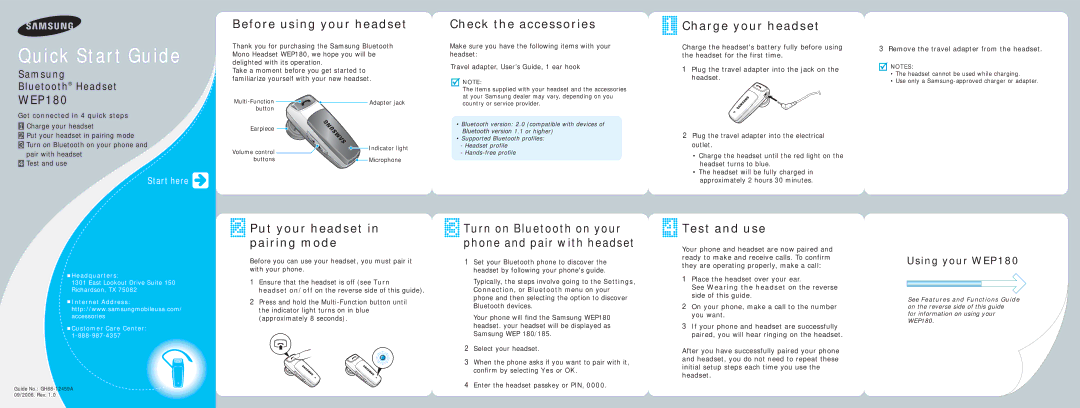 Samsung WEP180 quick start Before using your headset, Put your headset in pairing mode, Test and use 