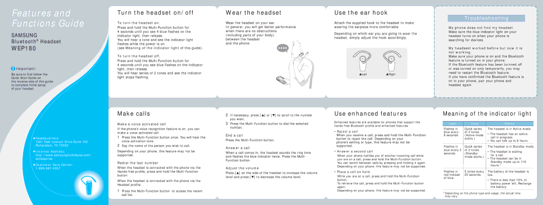 Samsung WEP180 quick start Turn the headset on/off, Wear the headset, Use the ear hook, Make calls, Use enhanced features 