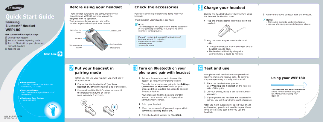 Samsung GH68-12459A, WEP185 quick start Before using your headset, Put your headset in pairing mode, Test and use, WEP180 