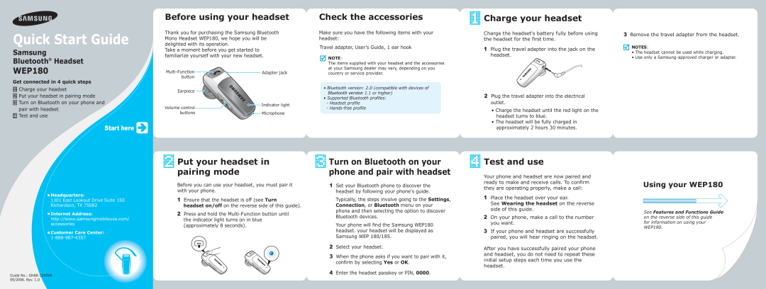 Samsung GH68-12459A quick start Quick Start Guide, Before using your headset, Put your headset in pairing mode, WEP180 