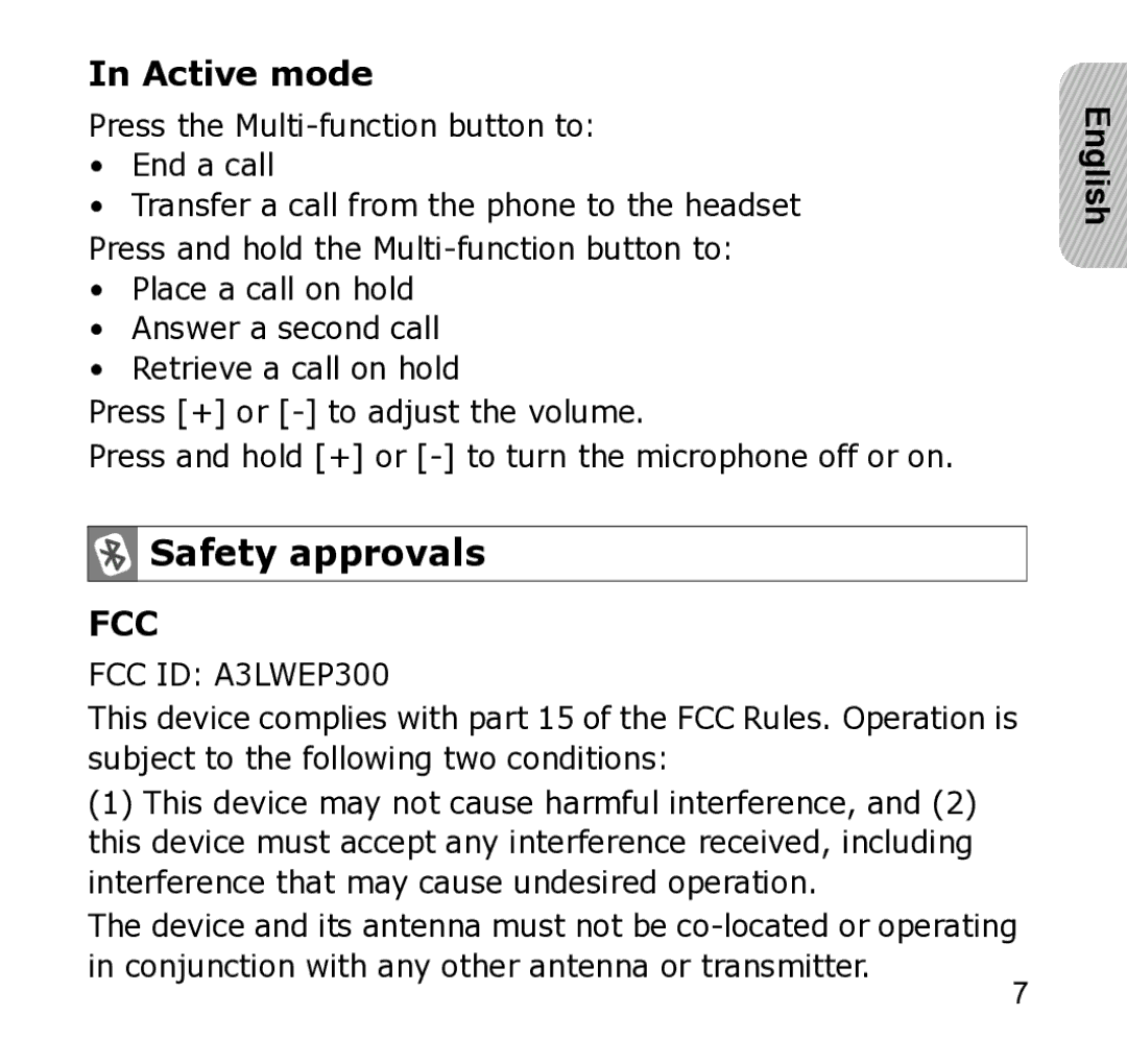 Samsung WEP301 Silver manual Active mode, Safety approvals, Conjunction with any other antenna or transmitter 