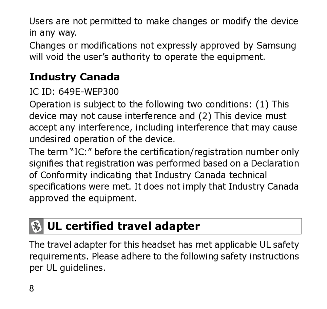 Samsung WEP301 Silver manual Industry Canada, UL certified travel adapter, IC ID 649E-WEP300 