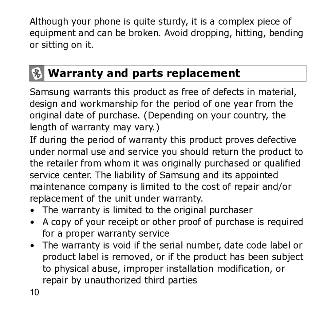 Samsung WEP301 Silver manual Warranty and parts replacement 