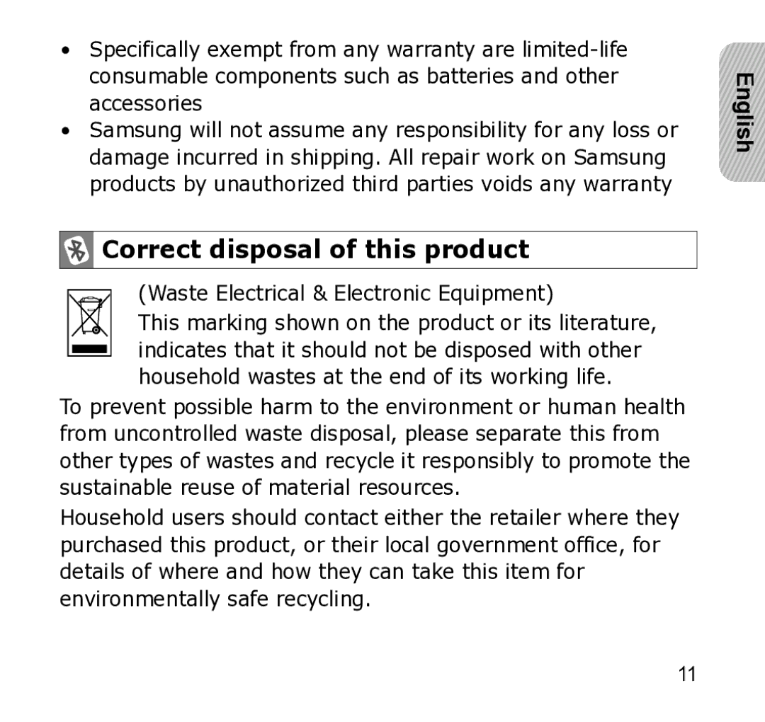 Samsung WEP301 Silver manual Correct disposal of this product 