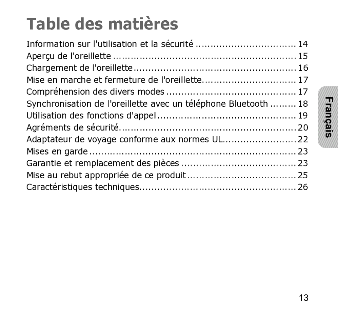 Samsung WEP301 Silver manual Table des matières 