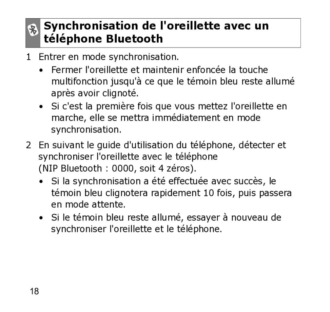 Samsung WEP301 Silver manual Synchronisation de loreillette avec un téléphone Bluetooth 