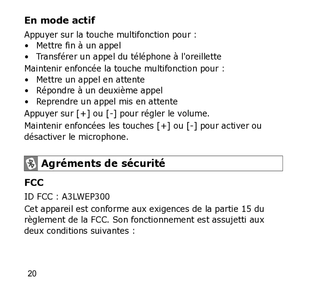 Samsung WEP301 Silver manual En mode actif, Agréments de sécurité 