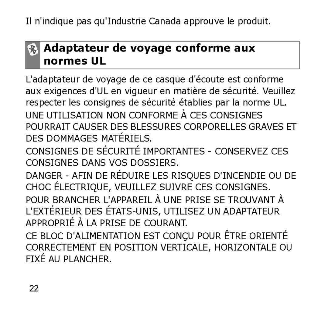 Samsung WEP301 Silver Adaptateur de voyage conforme aux normes UL, Il nindique pas quIndustrie Canada approuve le produit 