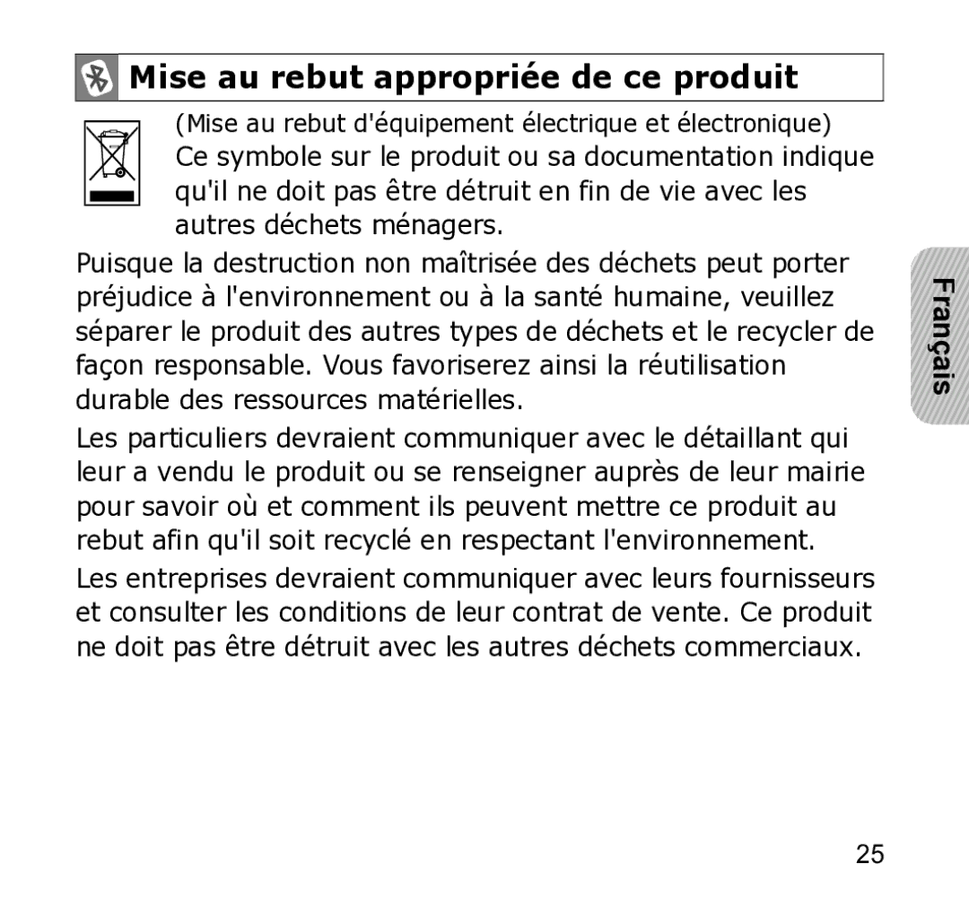 Samsung WEP301 Silver manual Mise au rebut appropriée de ce produit 