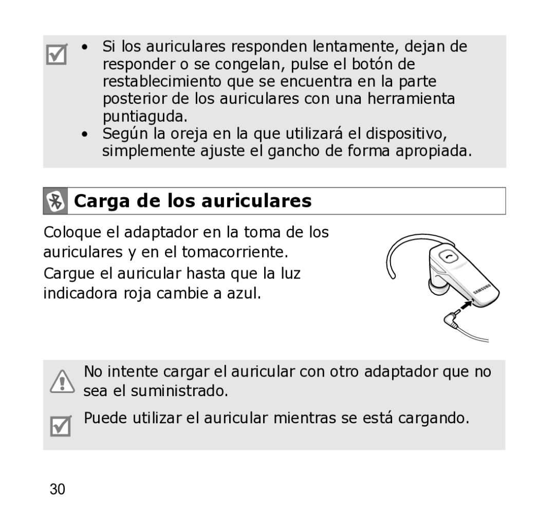 Samsung WEP301 Silver manual Carga de los auriculares 