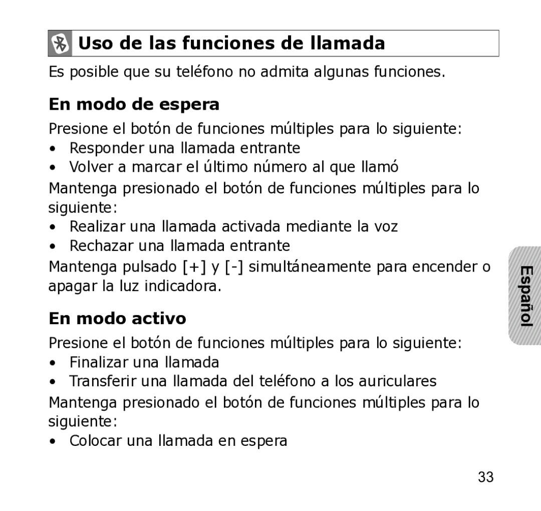 Samsung WEP301 Silver manual Uso de las funciones de llamada, En modo de espera, En modo activo 