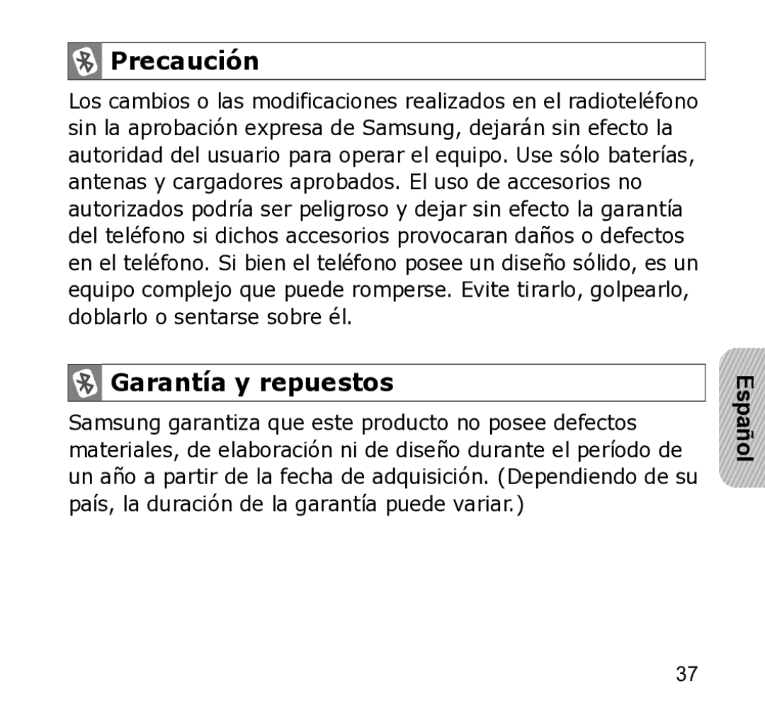 Samsung WEP301 Silver manual Precaución, Garantía y repuestos 