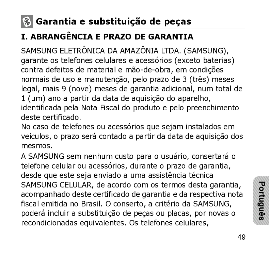 Samsung WEP301 Silver manual Garantia e substituição de peças, Abrangência E Prazo DE Garantia 