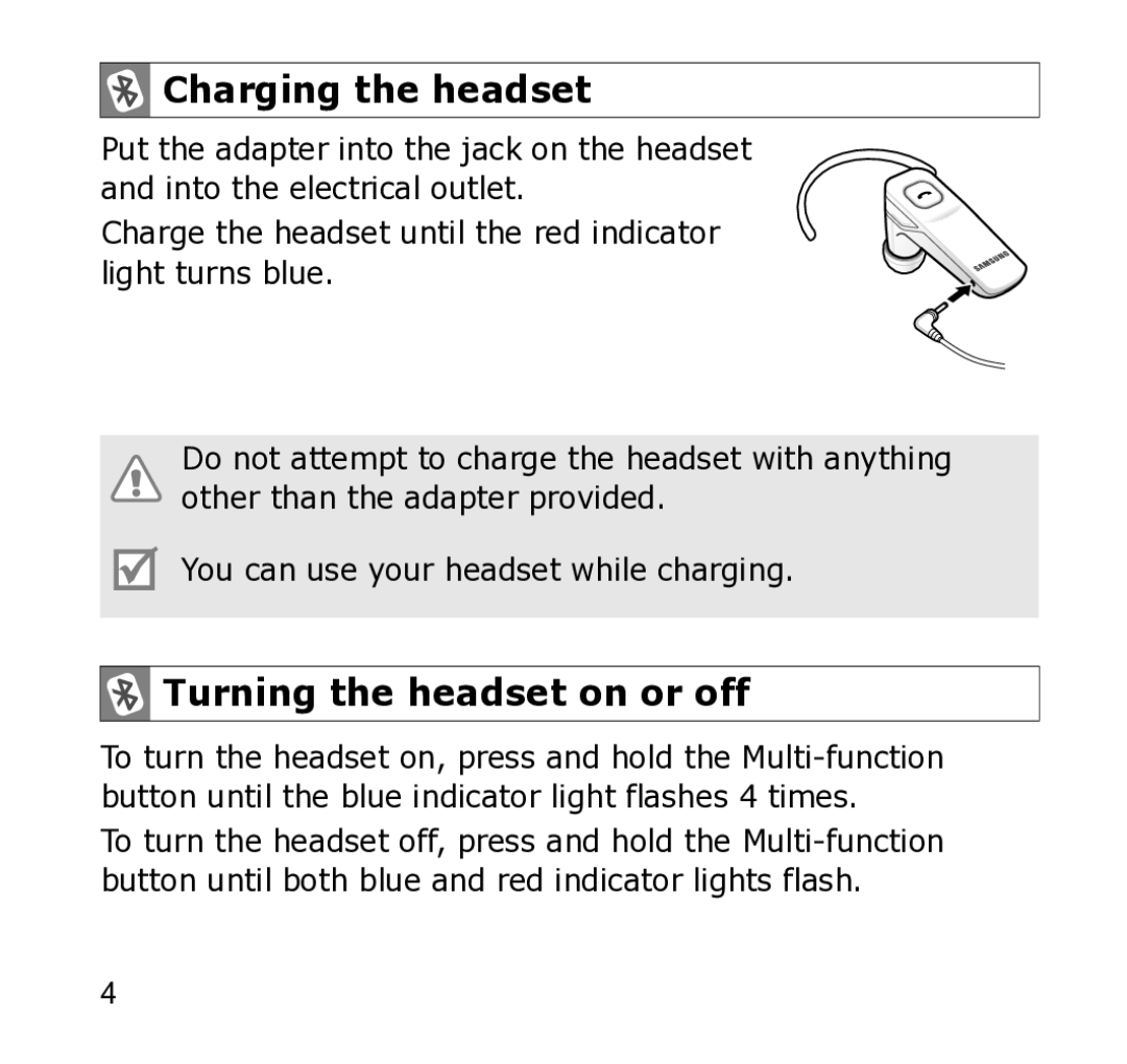 Samsung WEP301 Silver manual Charging the headset, Turning the headset on or off 