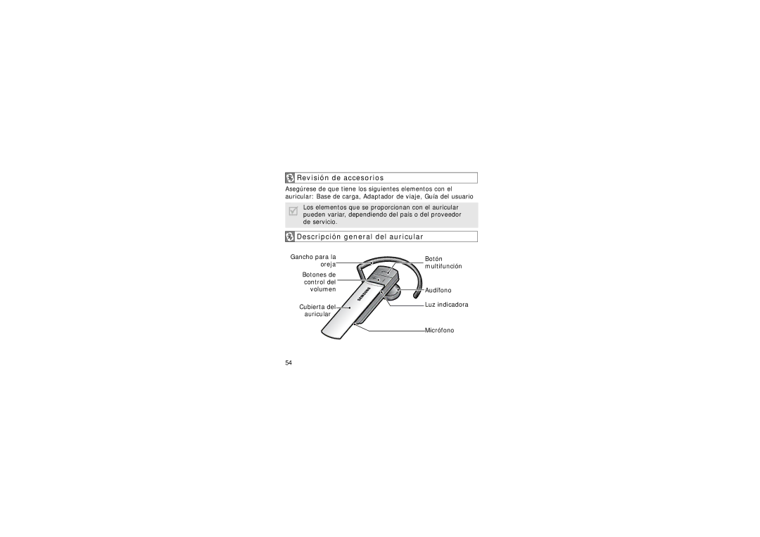 Samsung WEP420 manual Revisión de accesorios, Descripción general del auricular 