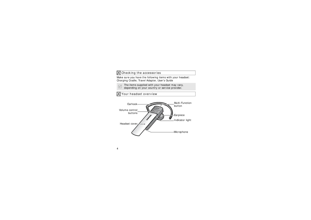 Samsung WEP420 manual Checking the accessories, Your headset overview 