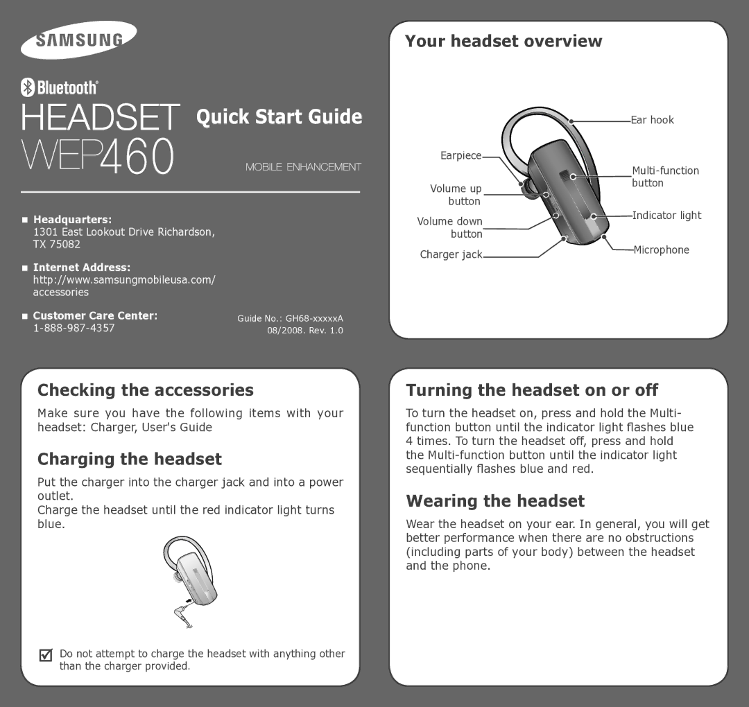 Samsung WEP460 manual Checking the accessories, Charging the headset, Your headset overview, Turning the headset on or off 