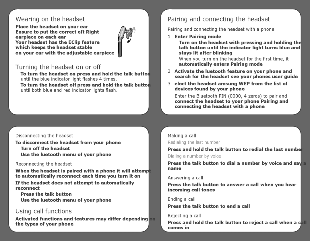 Samsung WEP650, GH68-21227A manual Wearing on the headset, Turning the headset on or off, Using call functions 