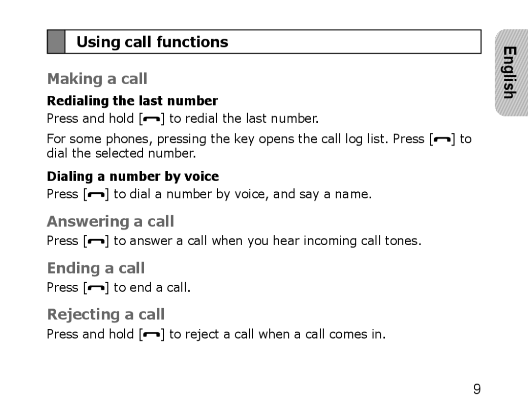 Samsung WEP750 manual Using call functions, Making a call, Answering a call, Ending a call, Rejecting a call 