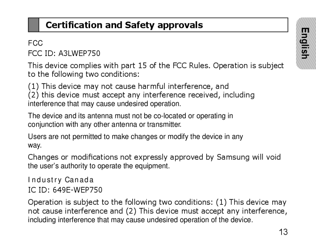 Samsung WEP750 manual Certification and Safety approvals, Industry Canada 