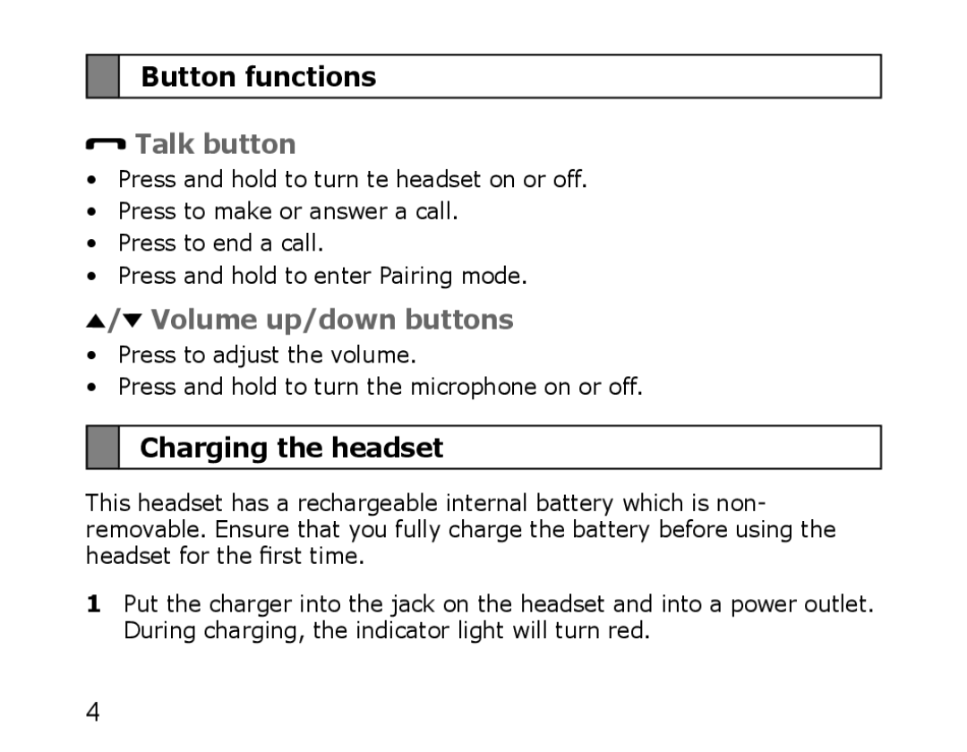 Samsung WEP750 manual Button functions, Talk button, Volume up/down buttons, Charging the headset 