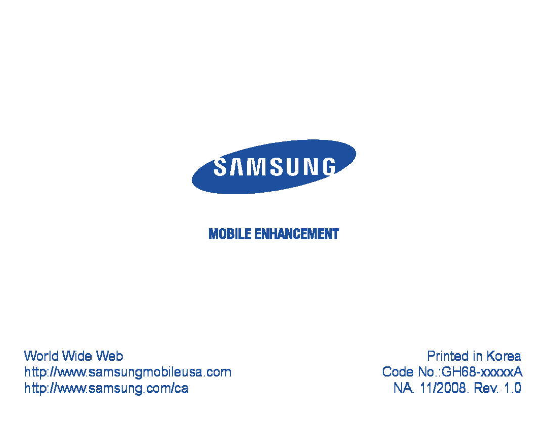 Samsung WEP750 manual World Wide Web, Code No. GH68-xxxxxA, NA. 11/2008. Rev 