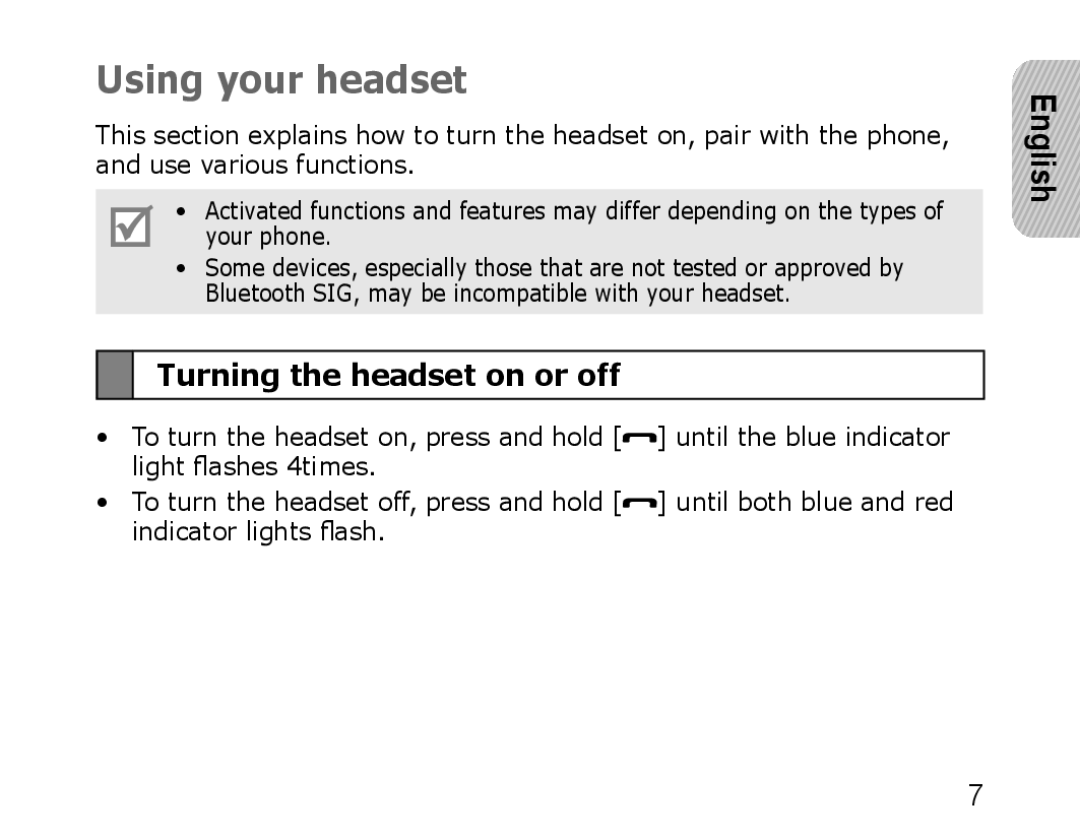 Samsung WEP750 manual Using your headset, Turning the headset on or off, English 