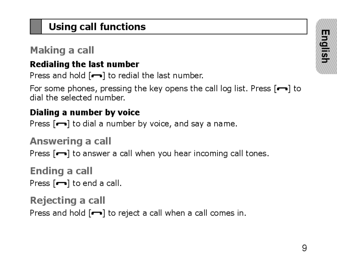 Samsung WEP750 manual Using call functions, Making a call, Answering a call, Ending a call, Rejecting a call, English 