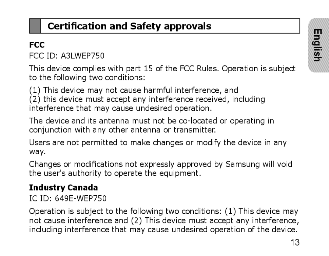 Samsung WEP750 manual Certification and Safety approvals, English, Industry Canada 