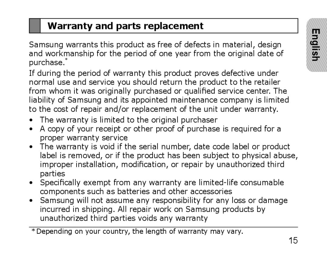 Samsung WEP750 manual Warranty and parts replacement, English 