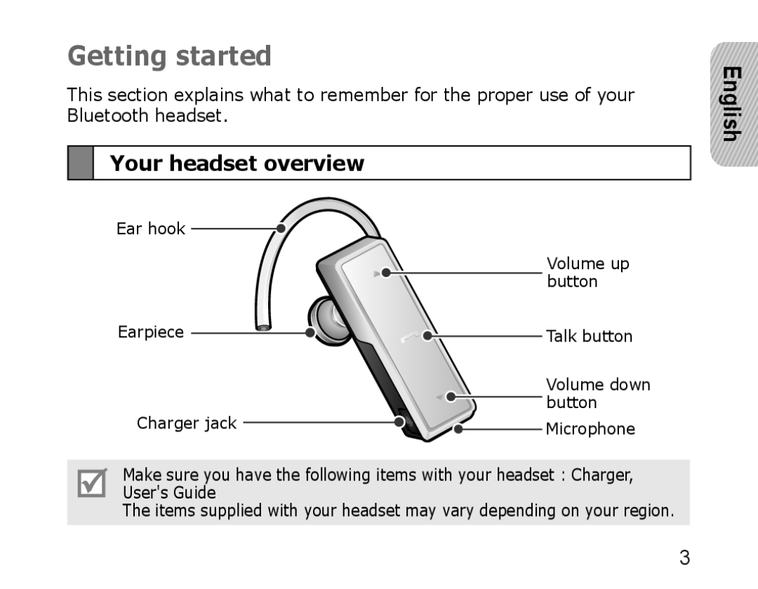 Samsung WEP750 manual Getting started, Your headset overview, English 