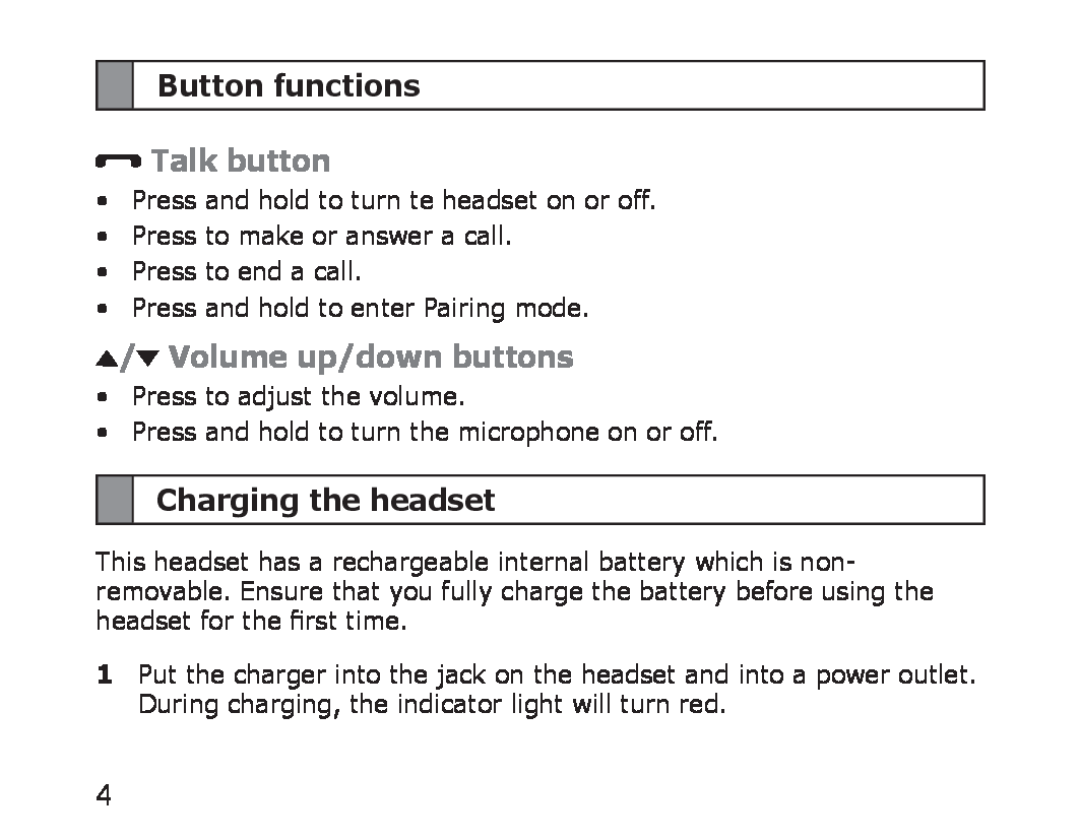 Samsung WEP750 manual Button functions, Talk button, Volume up/down buttons, Charging the headset 