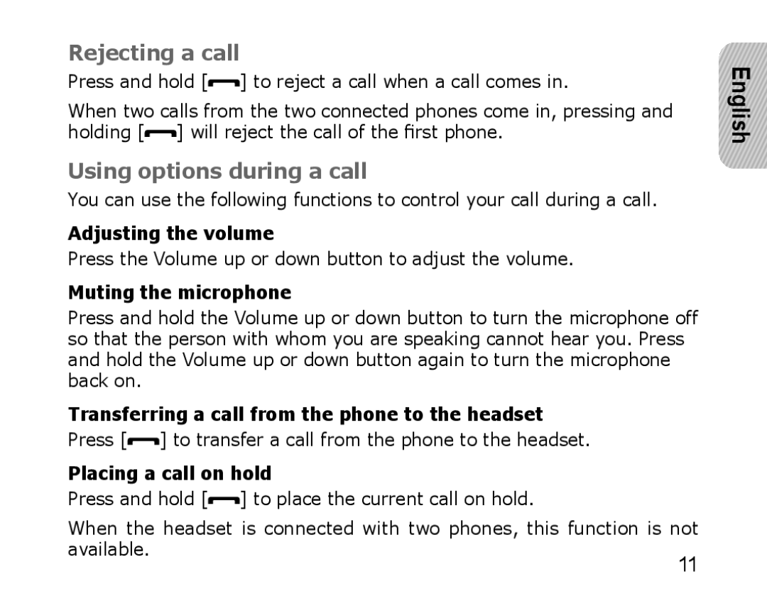 Samsung WEP850 appendix Rejecting a call, Using options during a call 