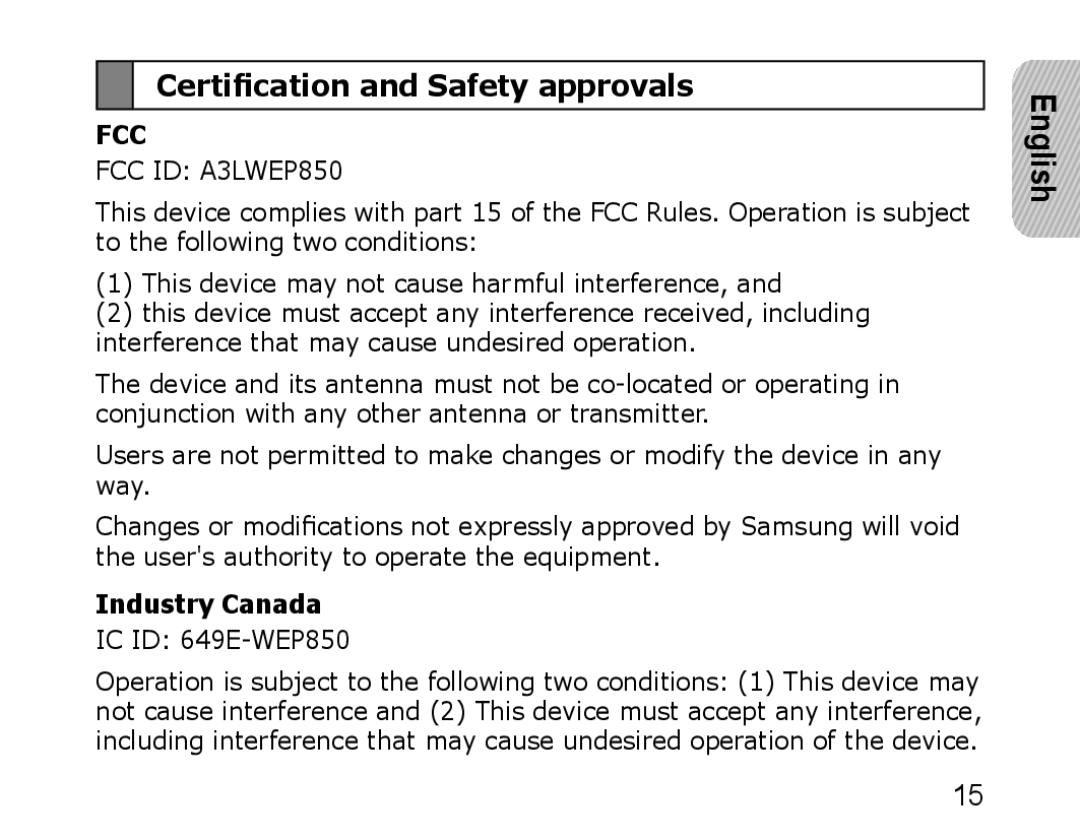 Samsung WEP850 appendix Certification and Safety approvals, Industry Canada 