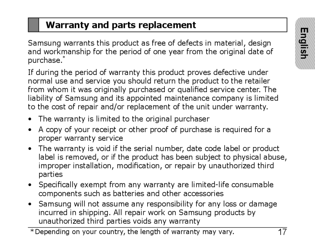 Samsung WEP850 appendix Warranty and parts replacement 