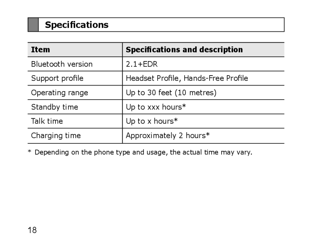 Samsung WEP850 appendix Specifications and description 