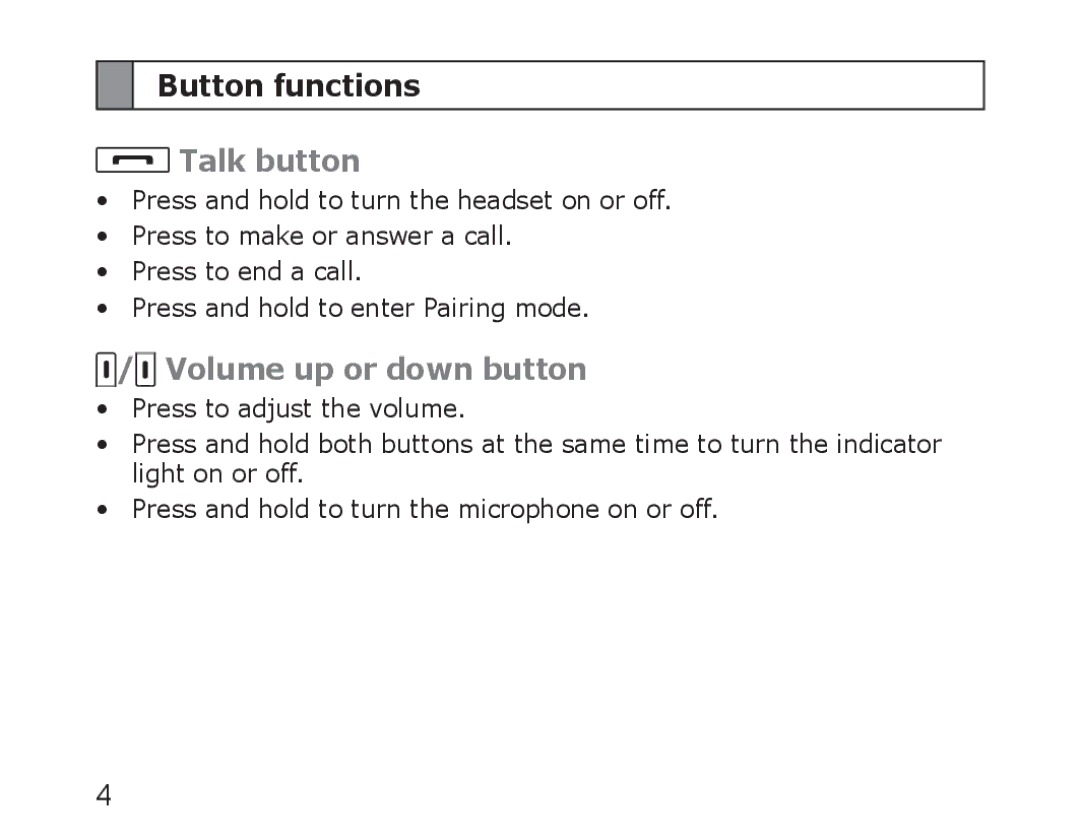 Samsung WEP850 appendix Button functions, Talk button, Volume up or down button 