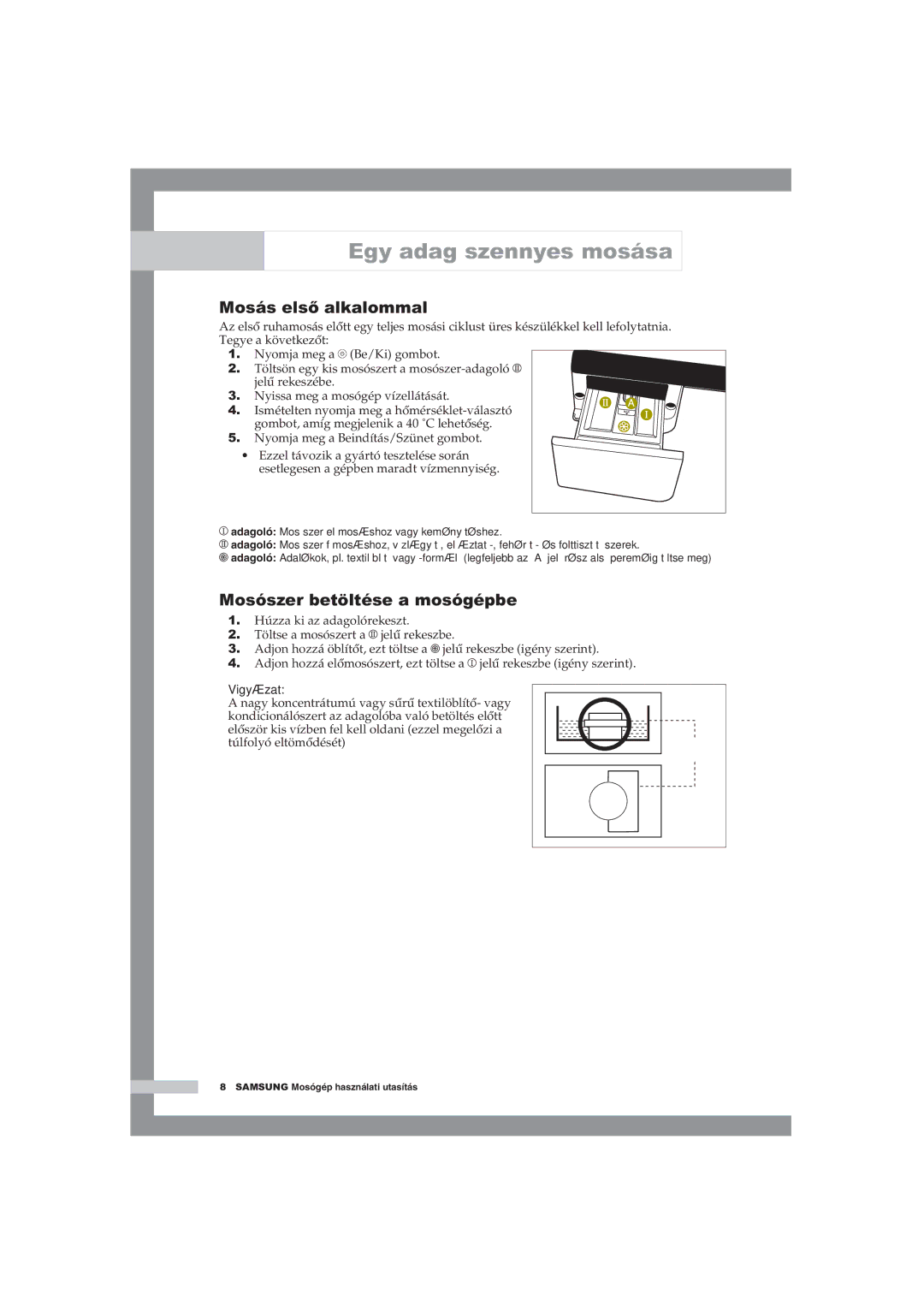 Samsung WF-B1054V/XEH manual Mosás első alkalommal, Mosószer betöltése a mosógépbe 