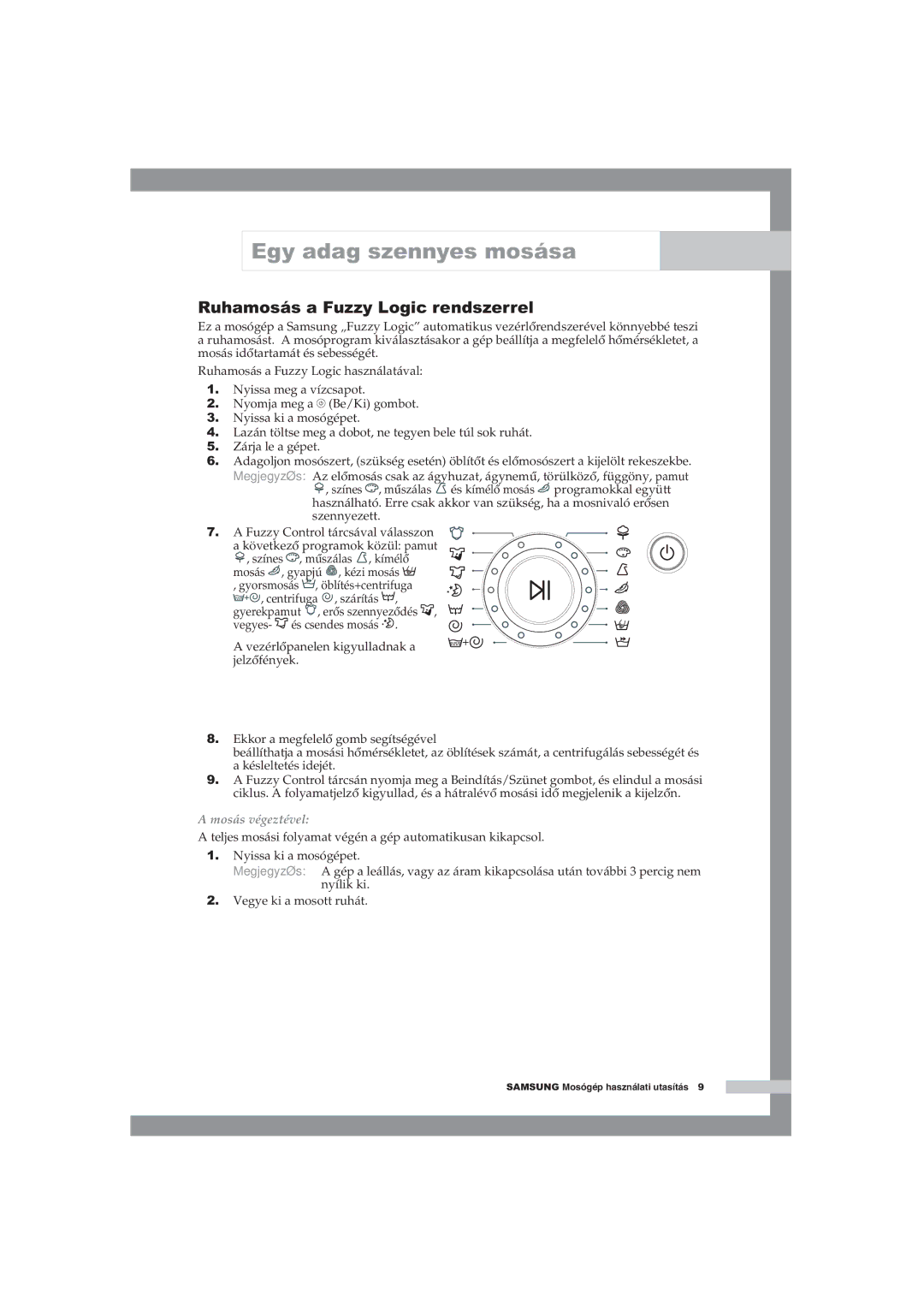 Samsung WF-B1054V/XEH manual Ruhamosás a Fuzzy Logic rendszerrel, Mosás végeztével 