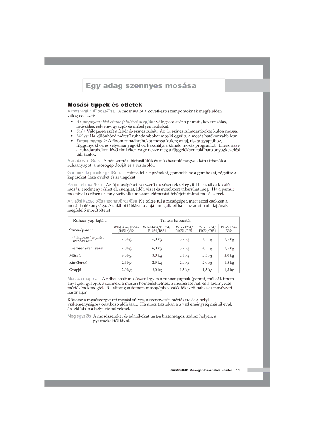 Samsung WF-B1054V/XEH manual Mosási tippek és ötletek, Színes/pamut 