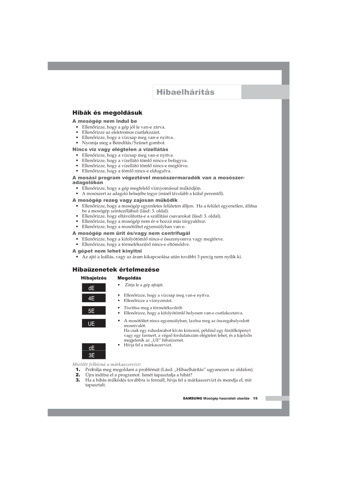 Samsung WF-B1054V/XEH manual Hibaelhárítás, Hibák és megoldásuk, Hibaüzenetek értelmezése, Mielőtt felhívná a márkaszervizt 