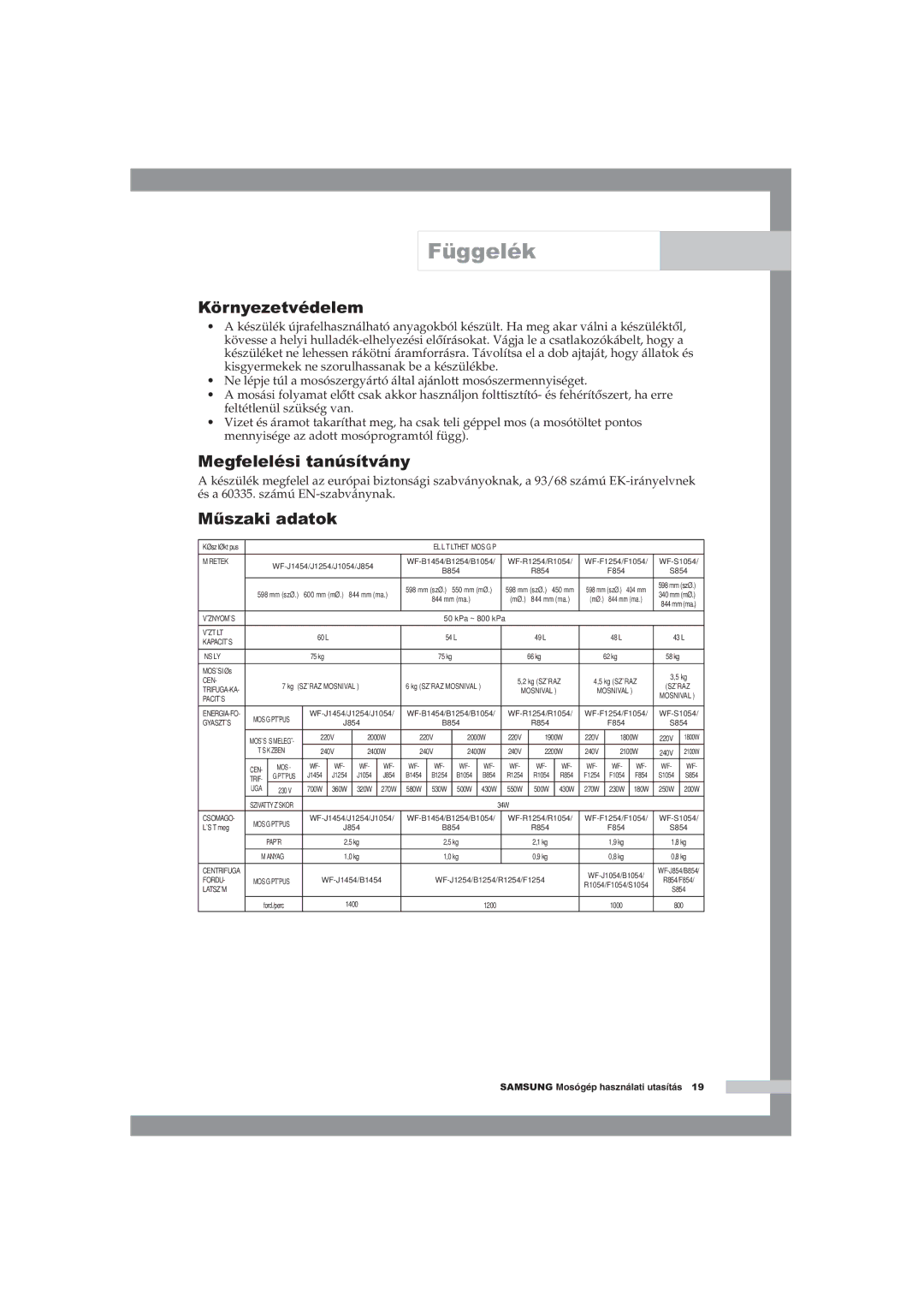 Samsung WF-B1054V/XEH manual Környezetvédelem, Megfelelési tanúsítvány, Műszaki adatok 