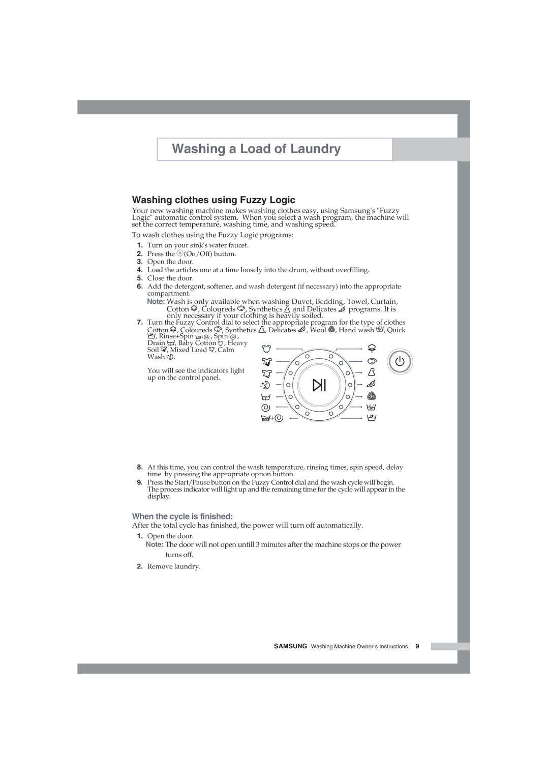 Samsung WF-B1054V/XEH manual Washing clothes using Fuzzy Logic, When the cycle is finished 