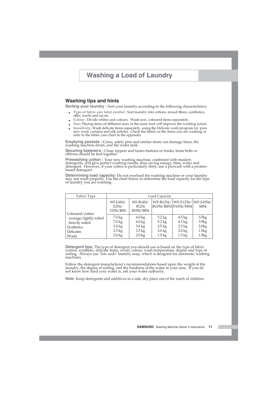 Samsung WF-B1054V/XEH manual Washing tips and hints 