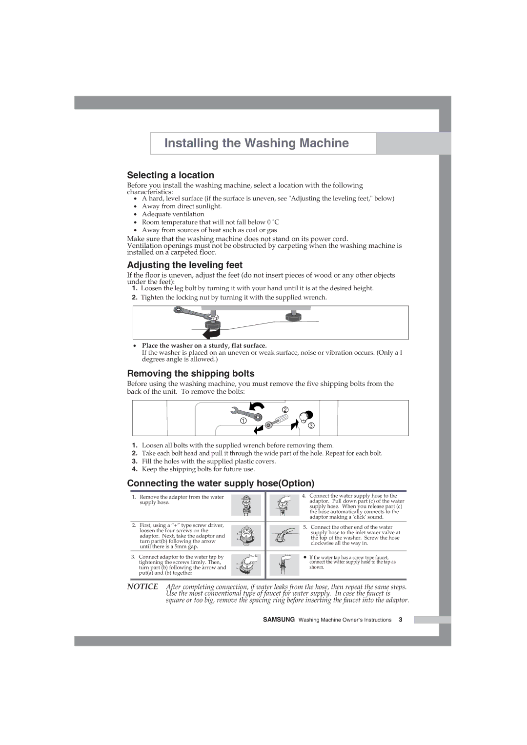 Samsung WF-B1054V/XEH manual Selecting a location, Adjusting the leveling feet, Removing the shipping bolts 