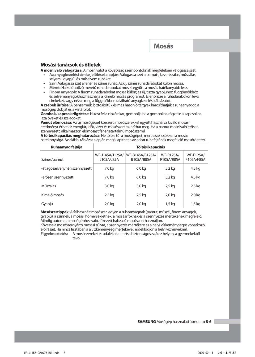 Samsung WF-B105AV/XEH manual Mosási tanácsok és ötletek, Ruhaanyag fajtája Töltési kapacitás, Színes/pamut 